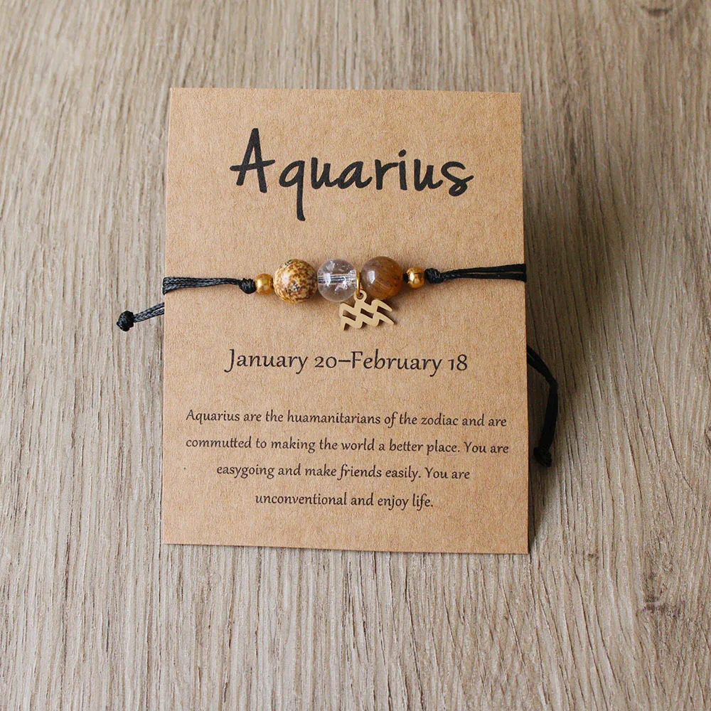 Aquarius bracelet with coloured beads, zodiac charm and English presentation card