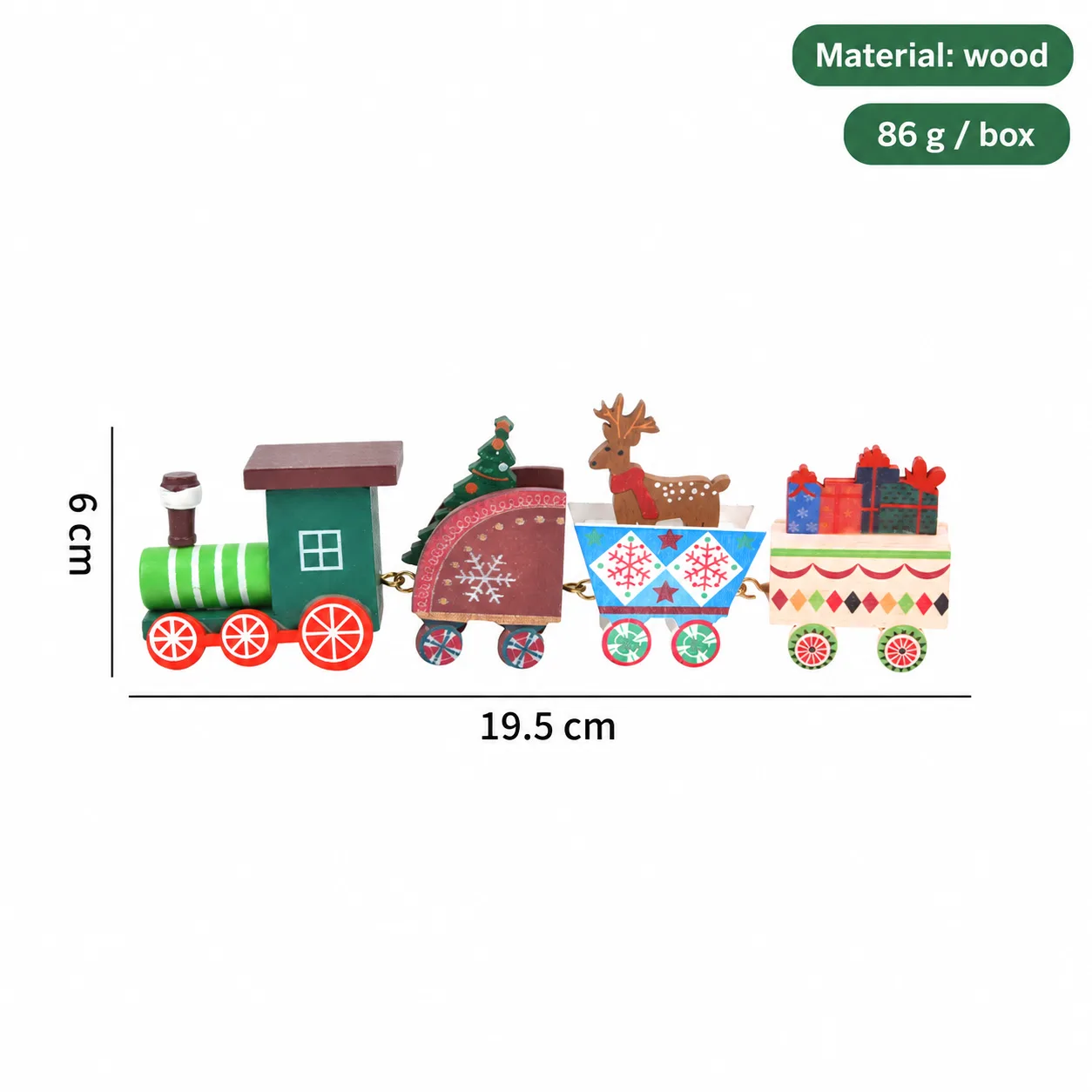 Size reference for this Christmas train range: approximately 19.5 cm long × 6 cm high. Reindeer design shown; your selected design is shown in the first photo.