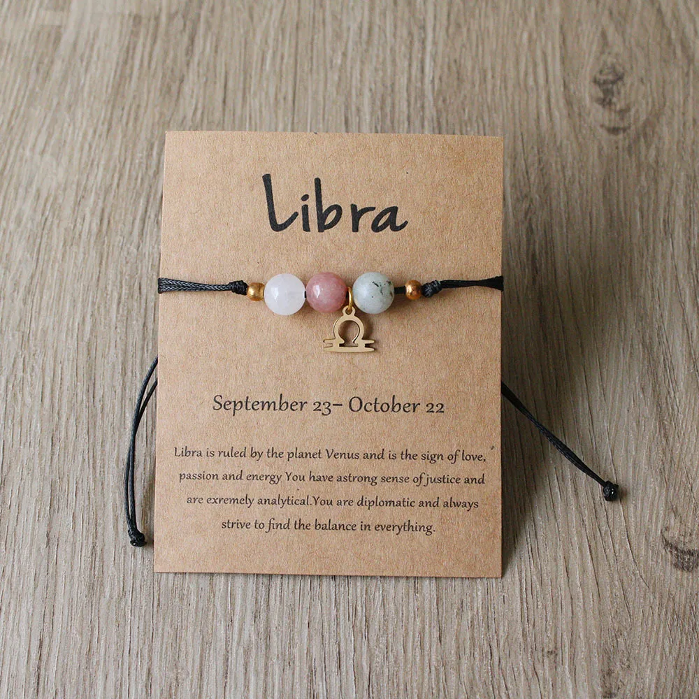 Libra bracelet with coloured beads, zodiac charm and English presentation card