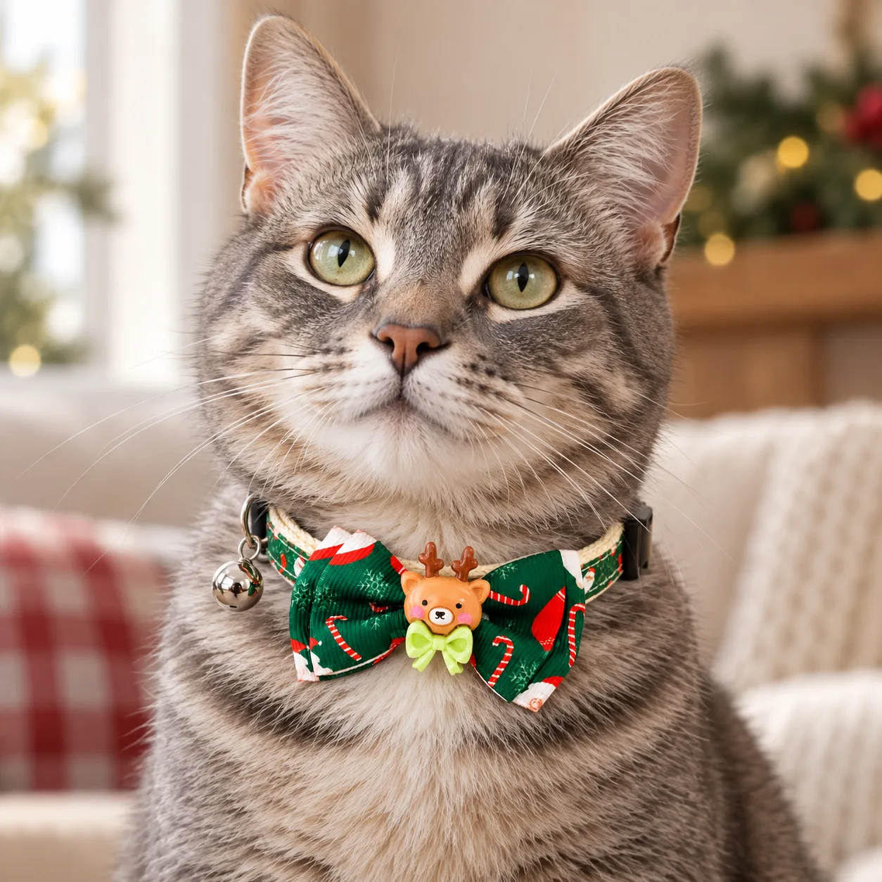 Styling illustration of a tabby cat wearing the reindeer bow collar
