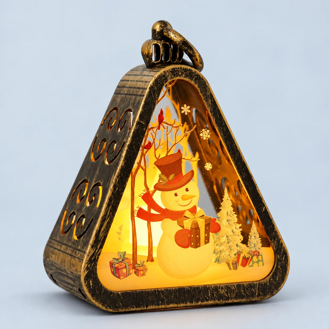 Bronze-tone snowman lantern