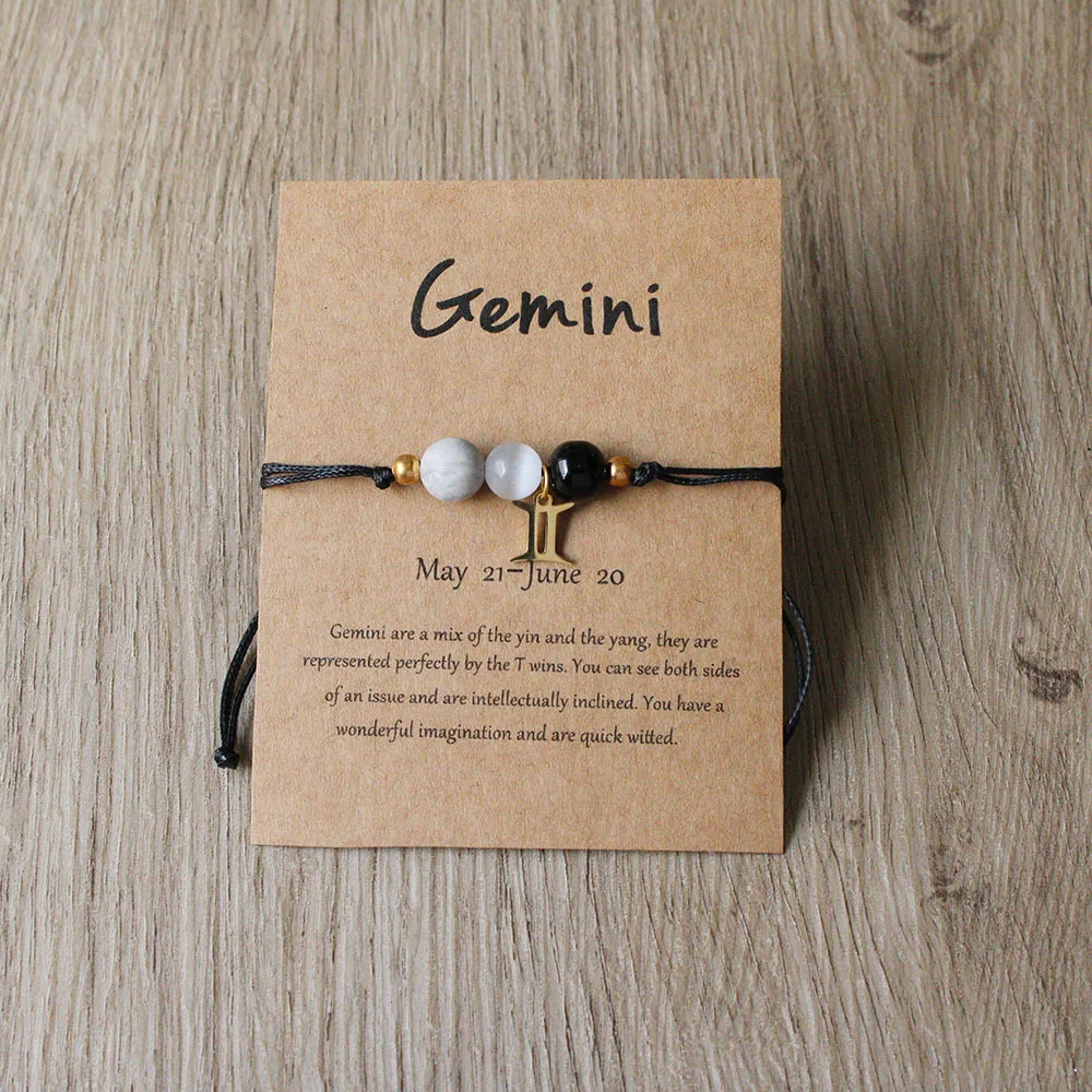 Gemini bracelet with coloured beads, zodiac charm and English presentation card