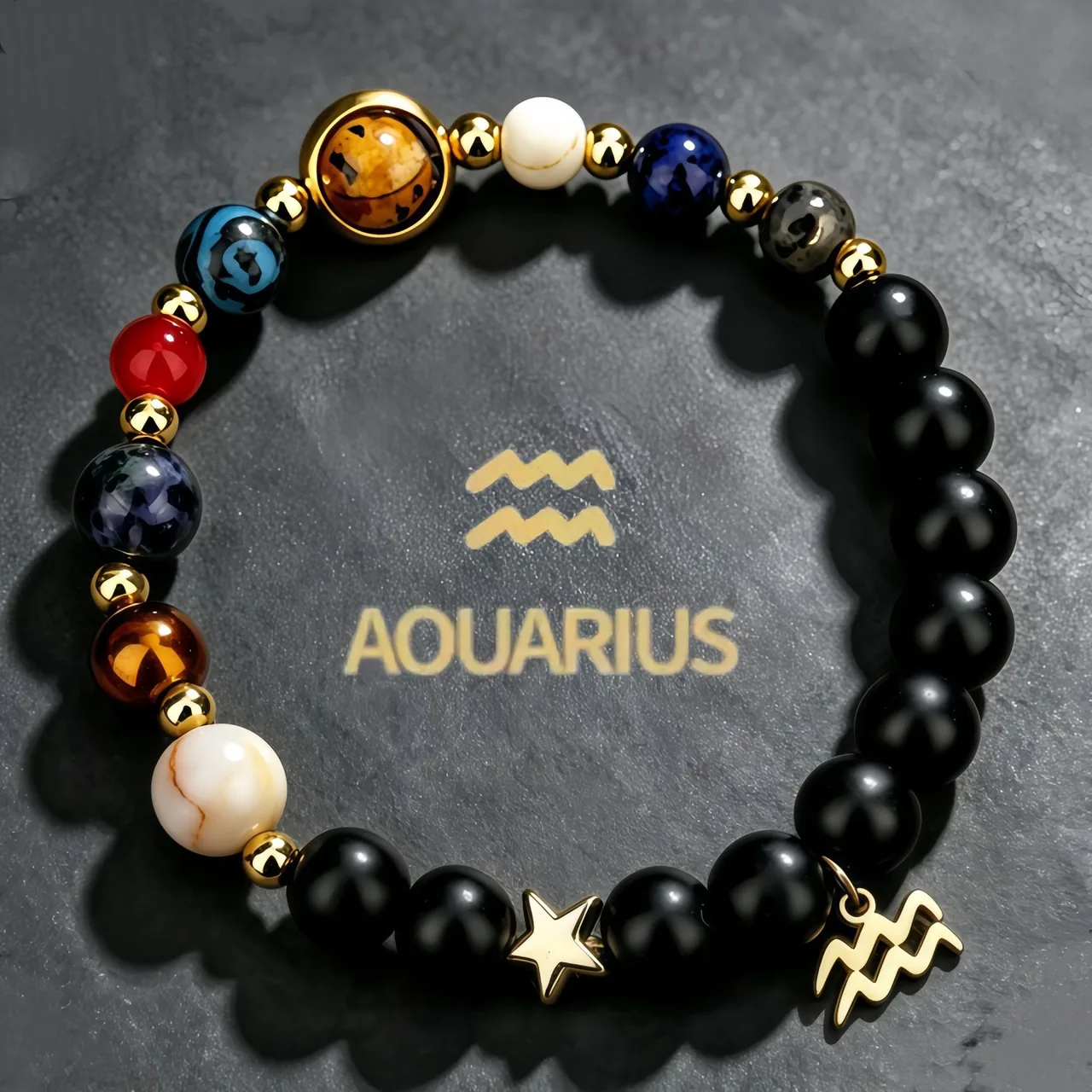 Aquarius black-bead zodiac bracelet