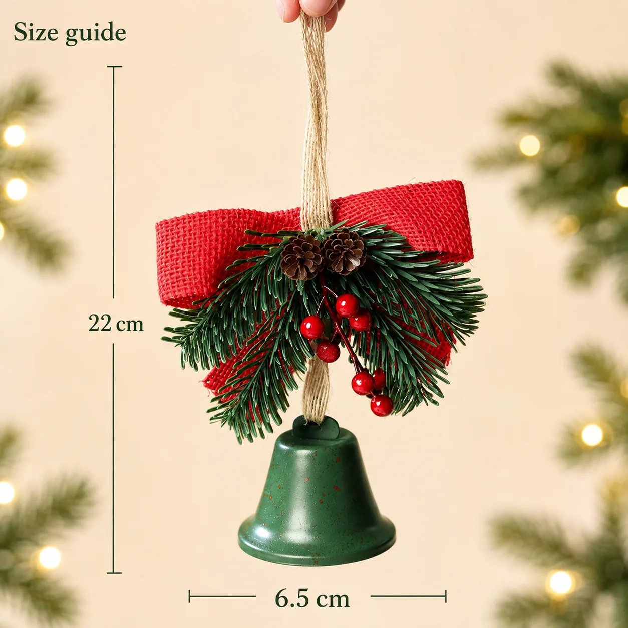 Size reference for the red and green woodland bells: approximately 22 cm overall hanging length; bell width 6.5 cm.
