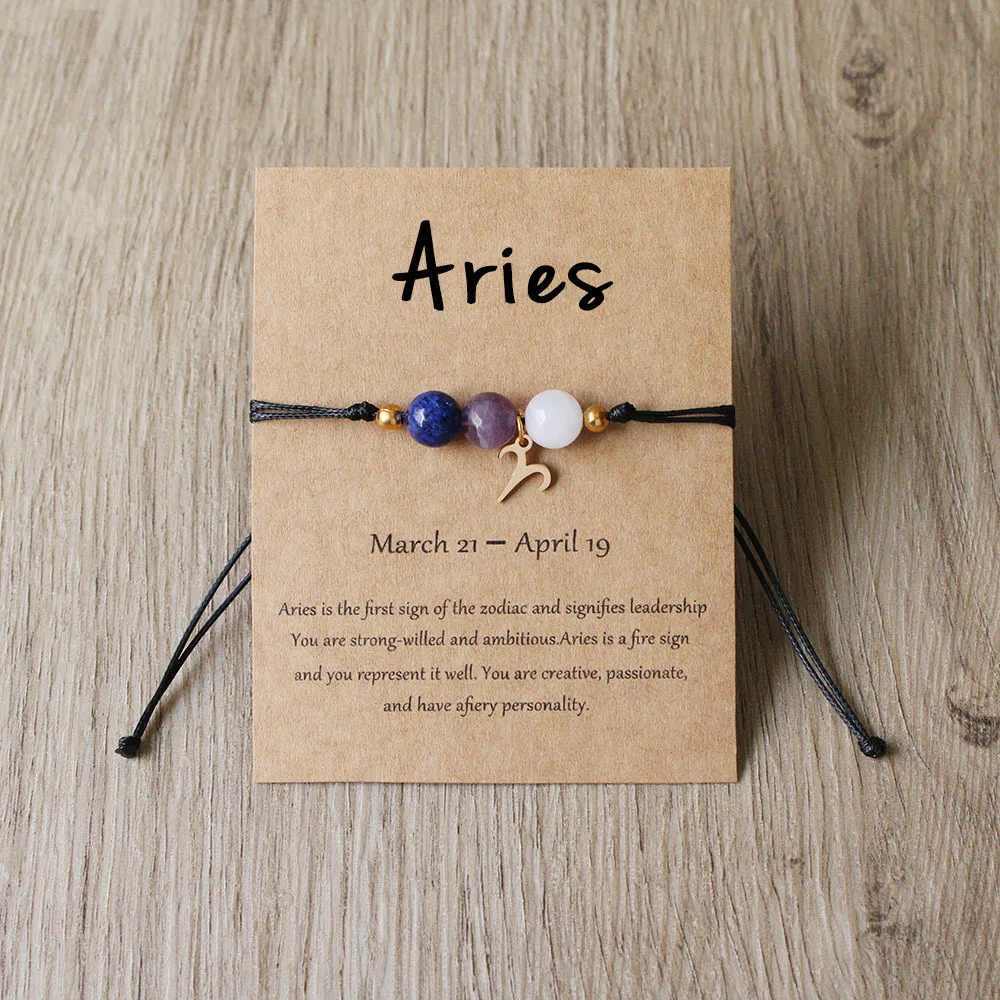 Aries bracelet with coloured beads, zodiac charm and English presentation card