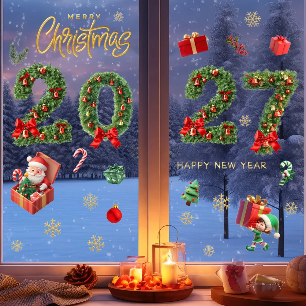 Supplier display example. Printed 2027 window clings; arrangement shown on glass.