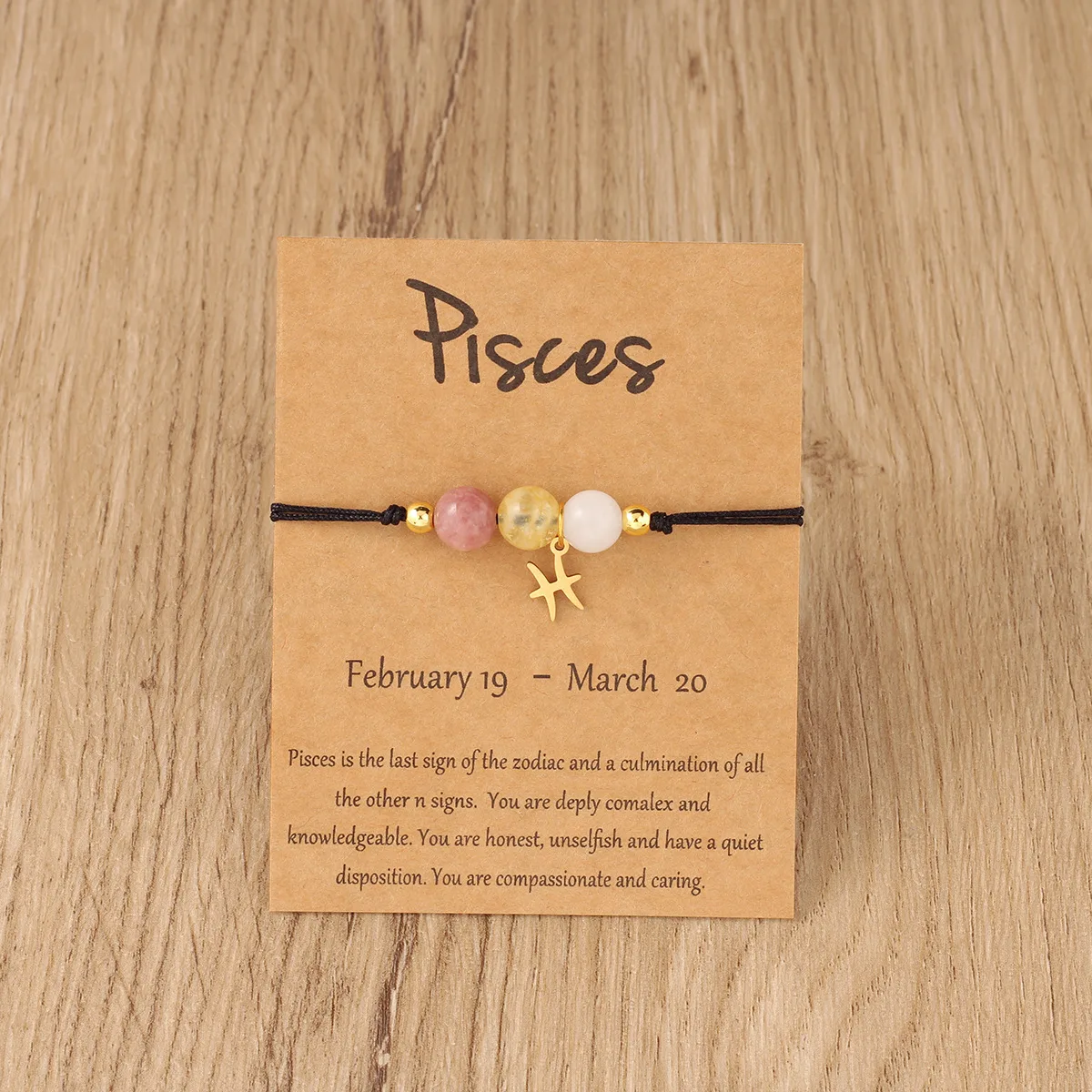 Pisces bracelet with coloured beads, zodiac charm and English presentation card