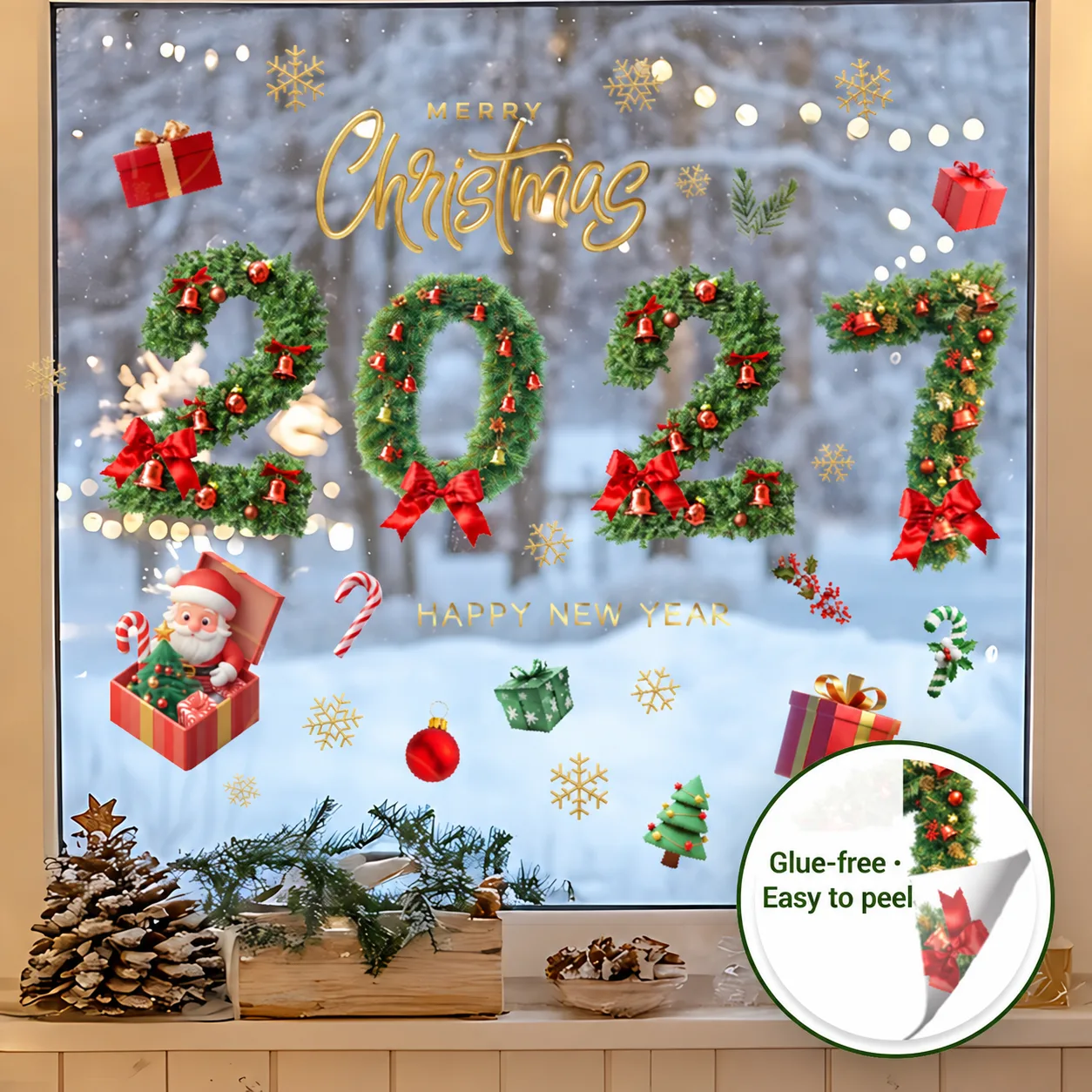 Supplier arrangement example. One 40 × 60 cm sheet of window clings included; room styling is not included.