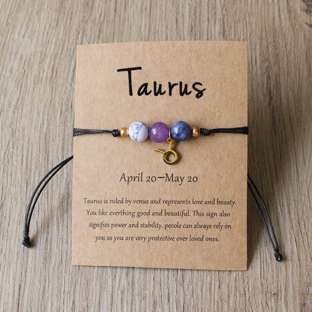 Taurus bracelet with coloured beads, zodiac charm and English presentation card