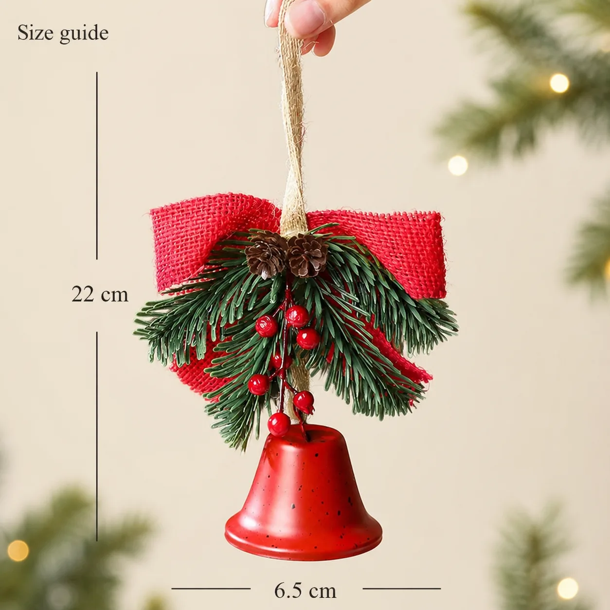 Size reference for the red and green woodland bells: approximately 22 cm overall hanging length; bell width 6.5 cm.