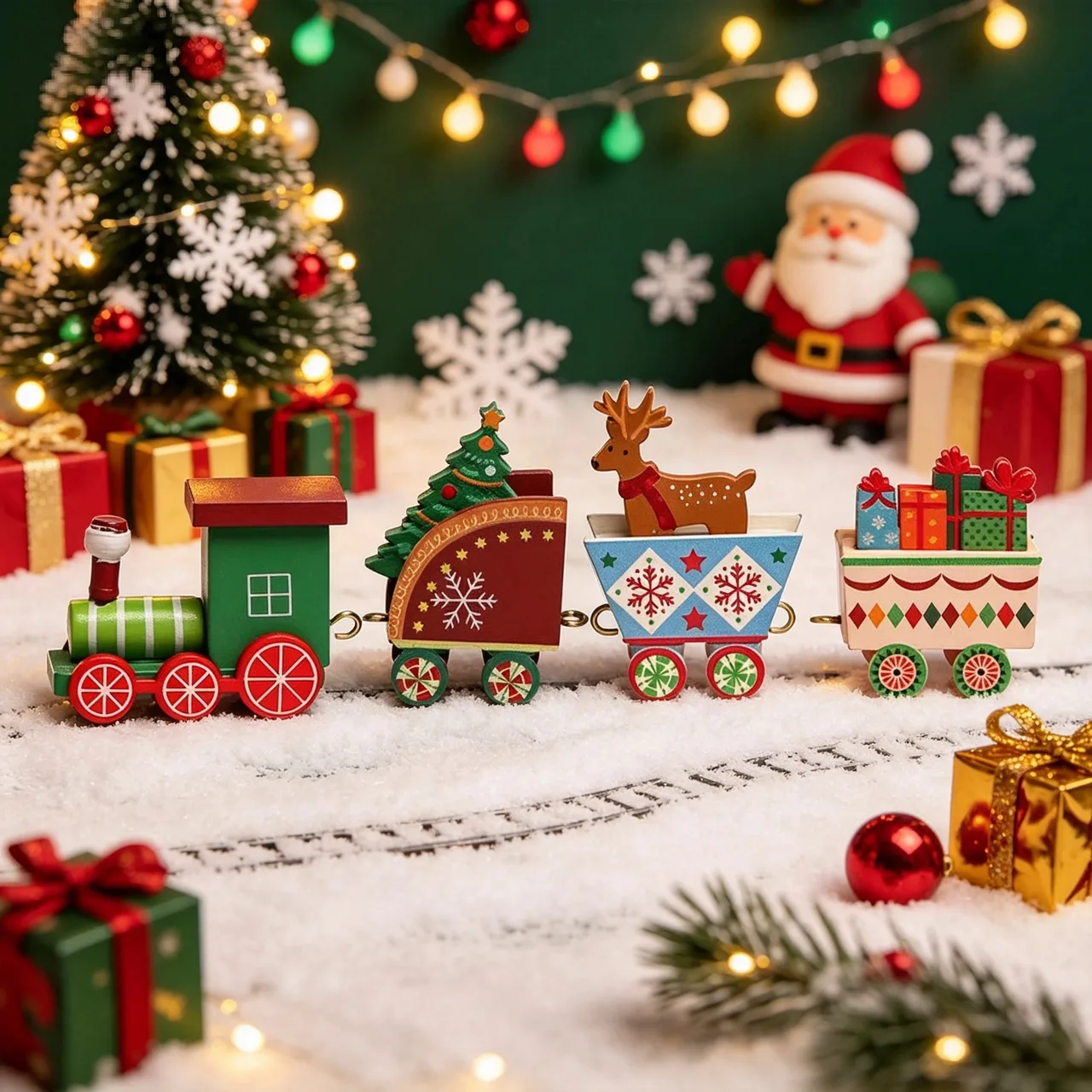 Painted wooden reindeer Christmas train with an engine and three carriages