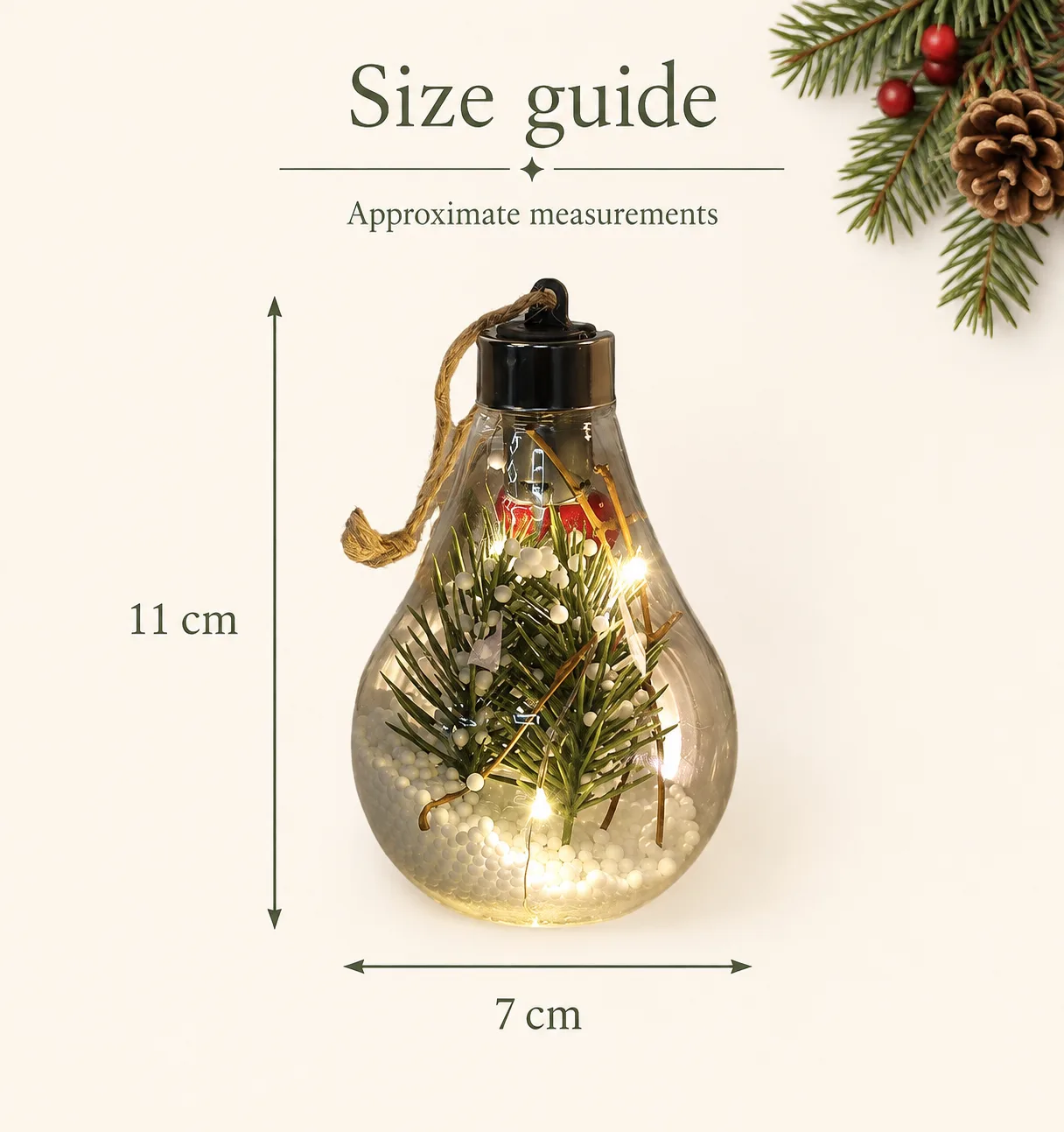 Size reference for this bulb ornament range: approximately 7 × 11 cm. Fir design shown; your selected design is shown in the first photo.