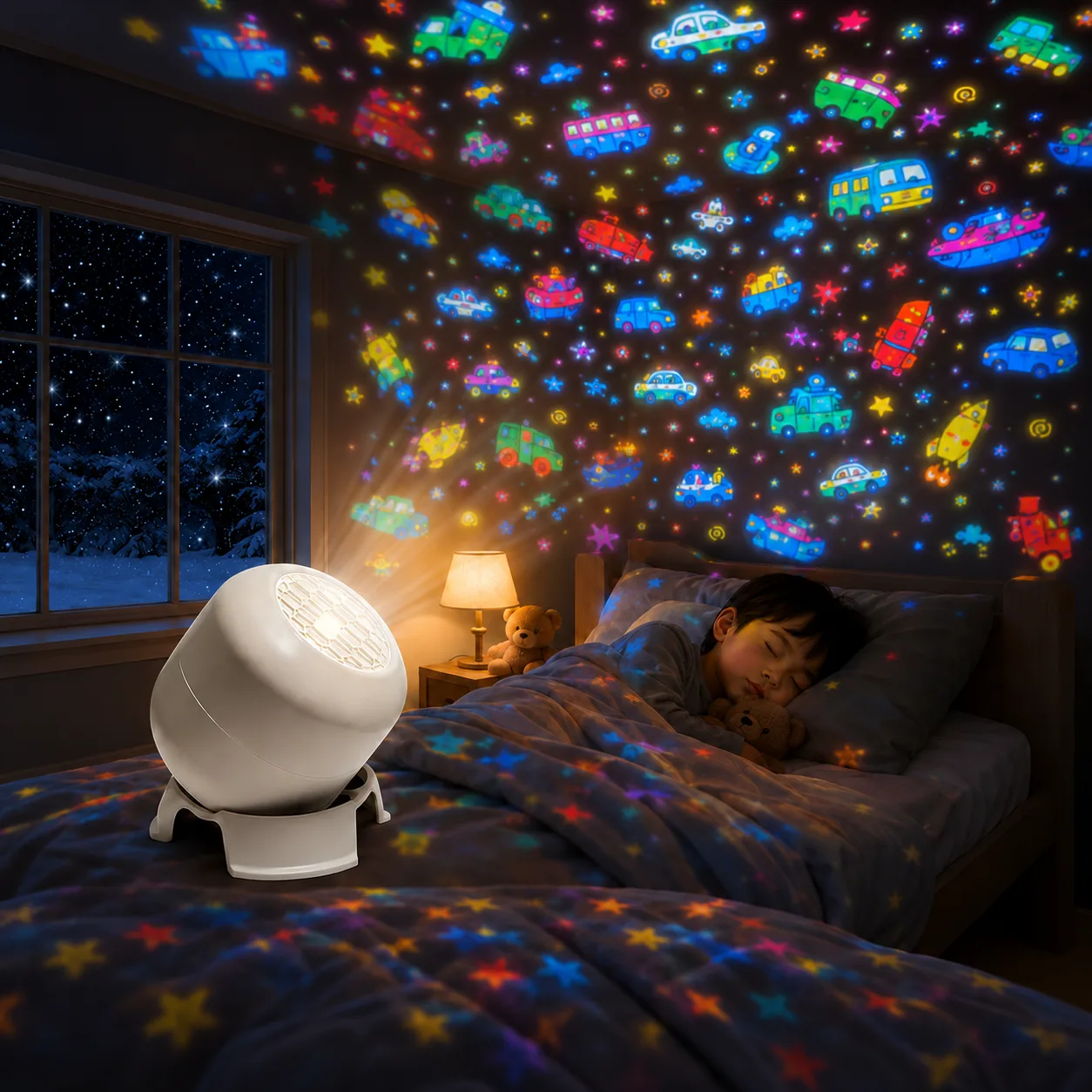 Supplier illustration of the transport projection theme. Room coverage and brightness are illustrative; advertising features are not verified specifications.