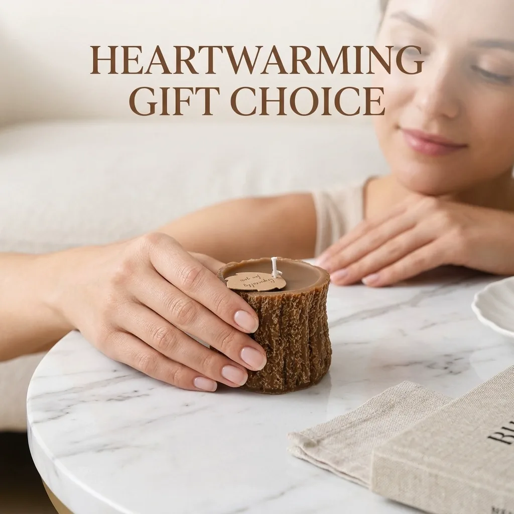 Supplier lifestyle photograph of the tree-stump scented candle. One candle included; styling props are not included.