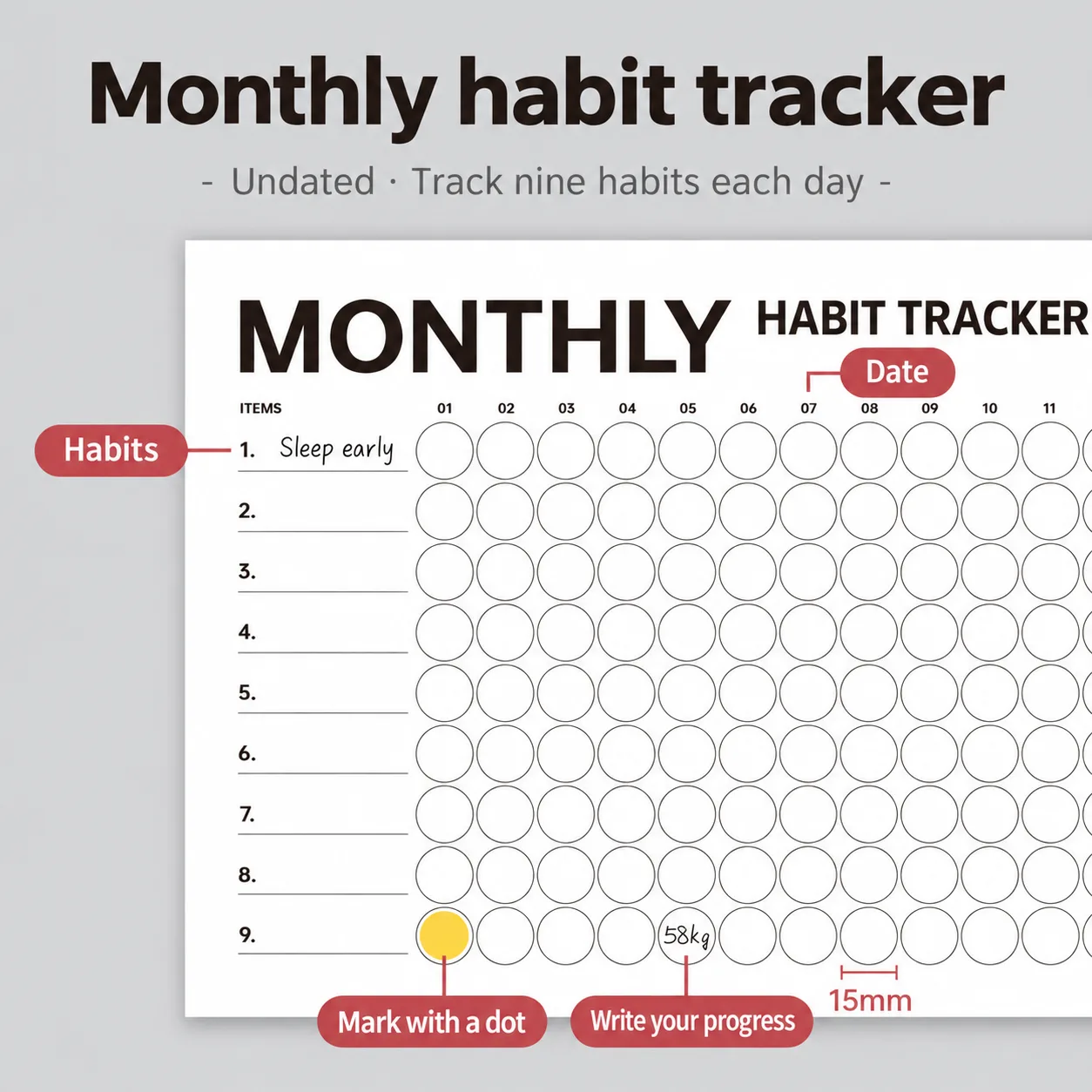 Undated monthly habit-tracker layout with space for nine habits. Dates and habits are filled in by you; supplier annotations illustrate use.