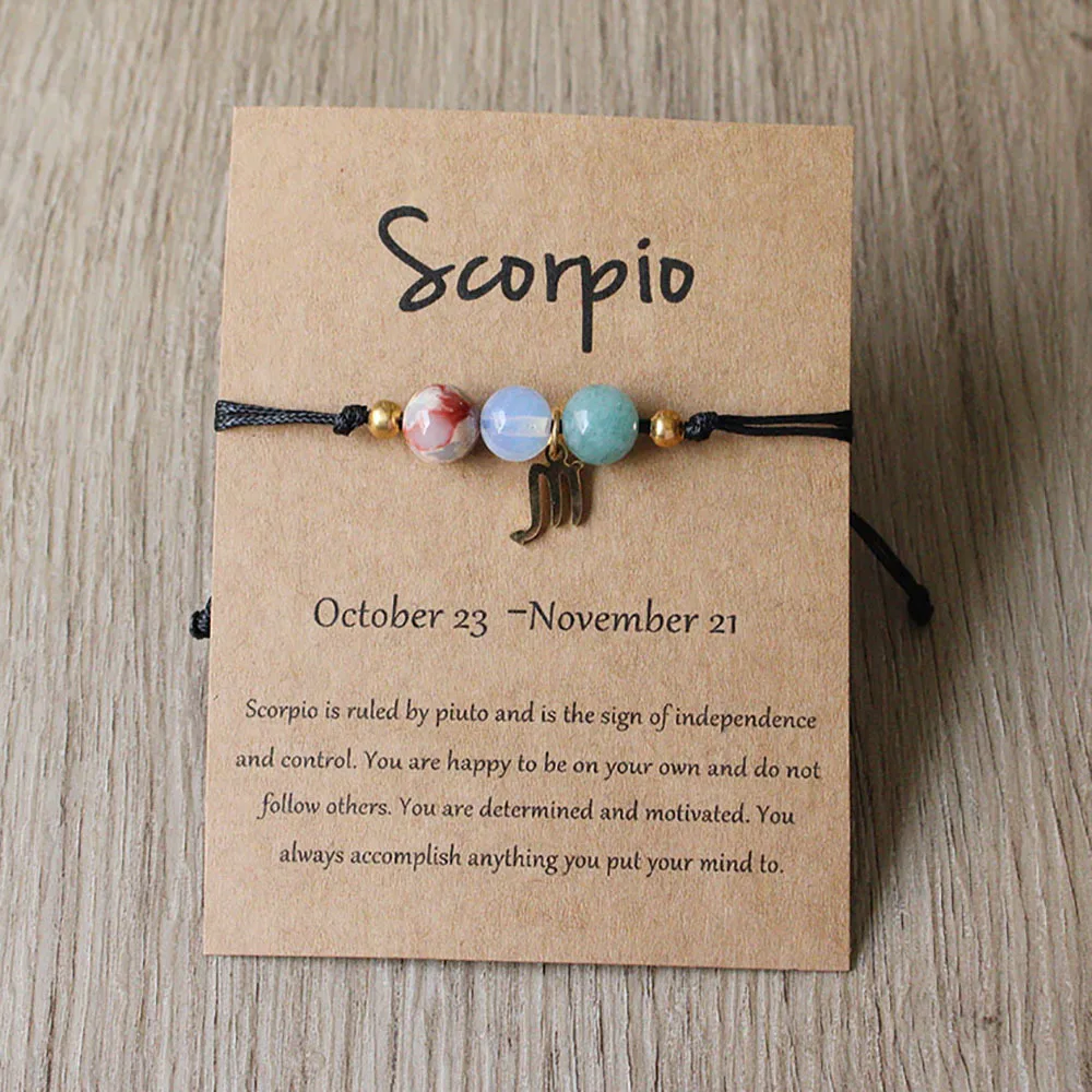 Scorpio bracelet with coloured beads, zodiac charm and English presentation card