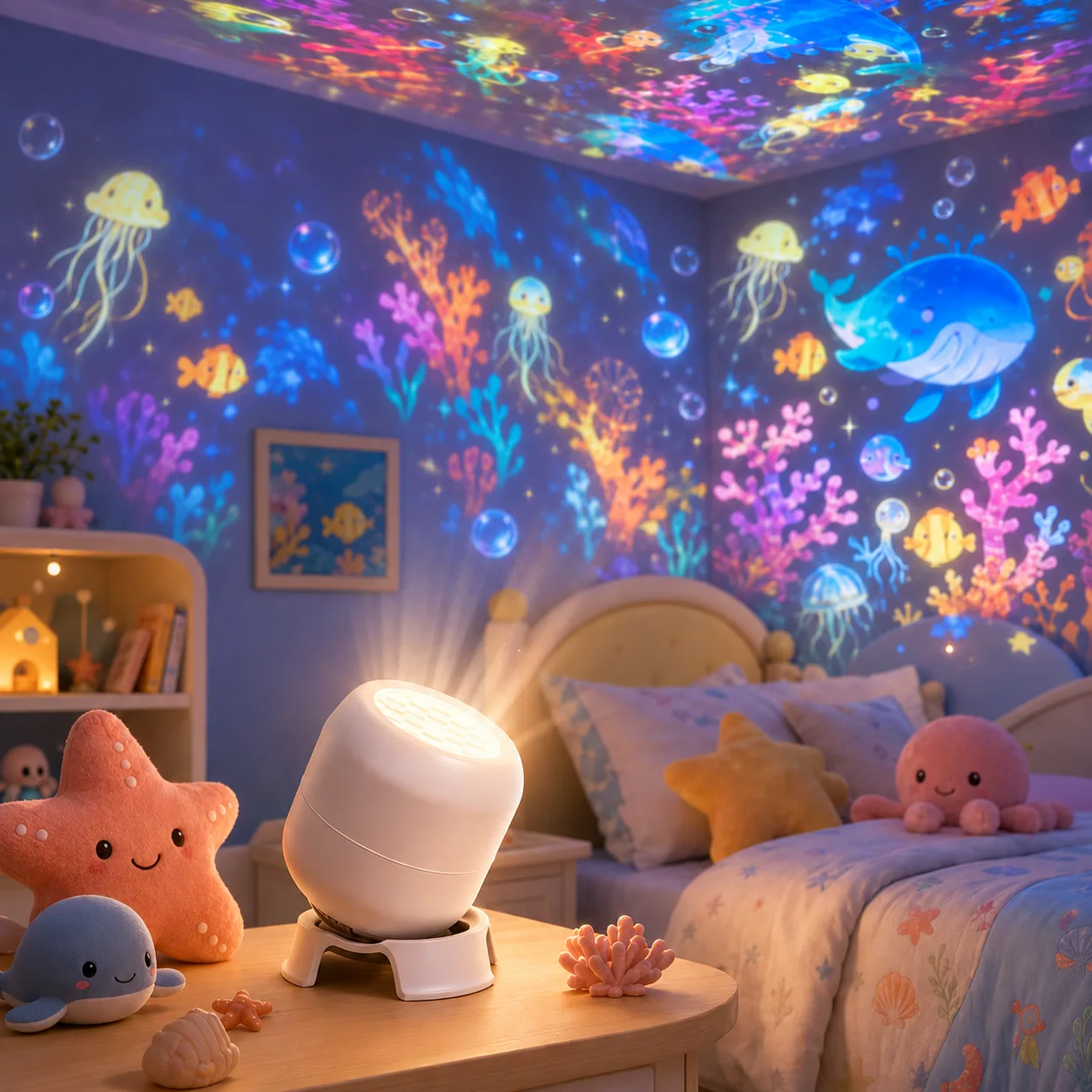 Supplier illustration of the ocean projection theme. Room coverage and brightness are illustrative.