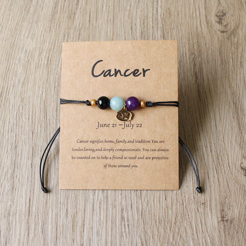Cancer bracelet with coloured beads, zodiac charm and English presentation card