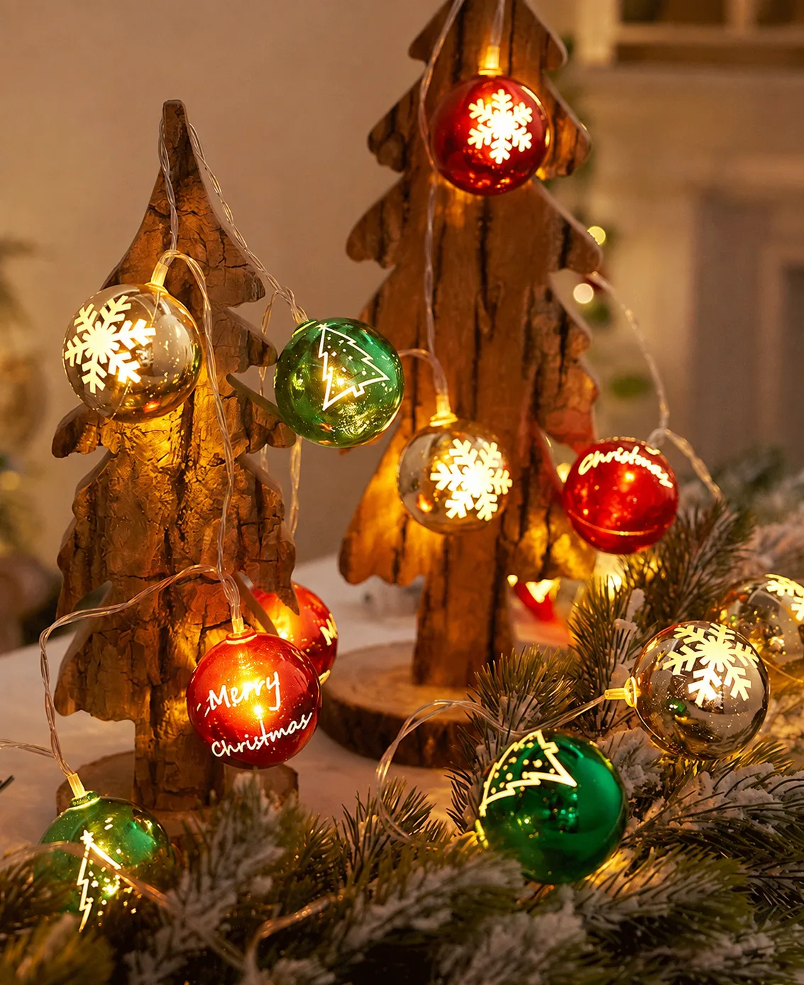 Round bauble design in a festive display; surrounding decorations are styling props.