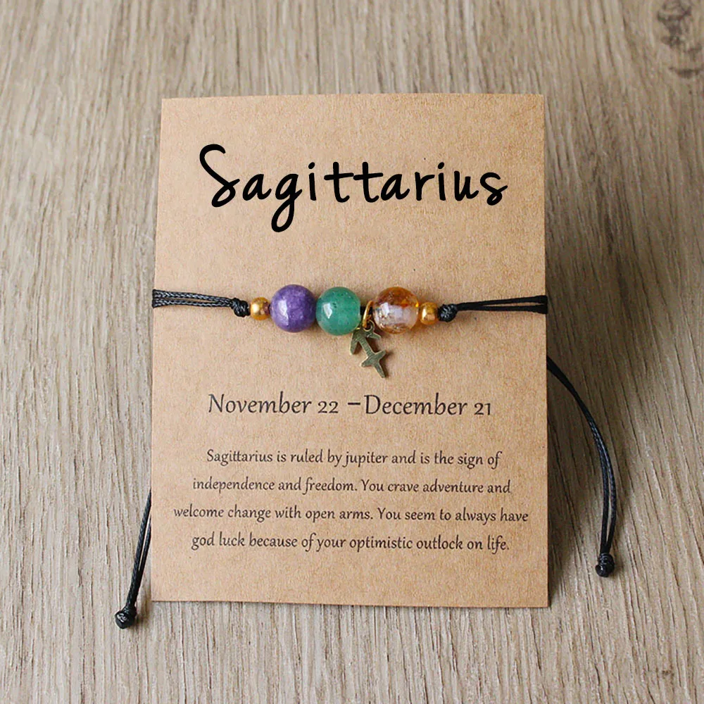 Sagittarius bracelet with coloured beads, zodiac charm and English presentation card