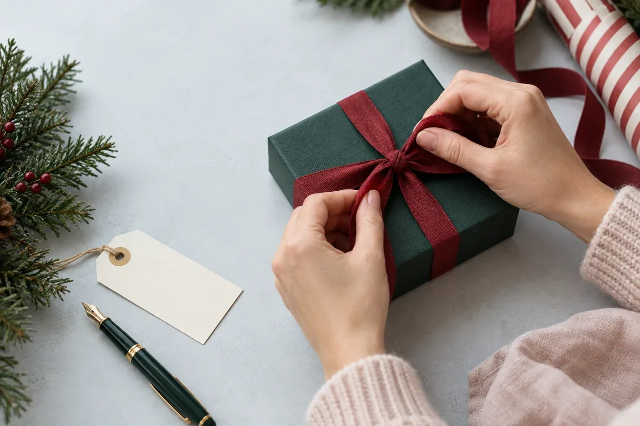 Hands tying a cranberry ribbon around a green Christmas gift box beside a handwritten gift tag