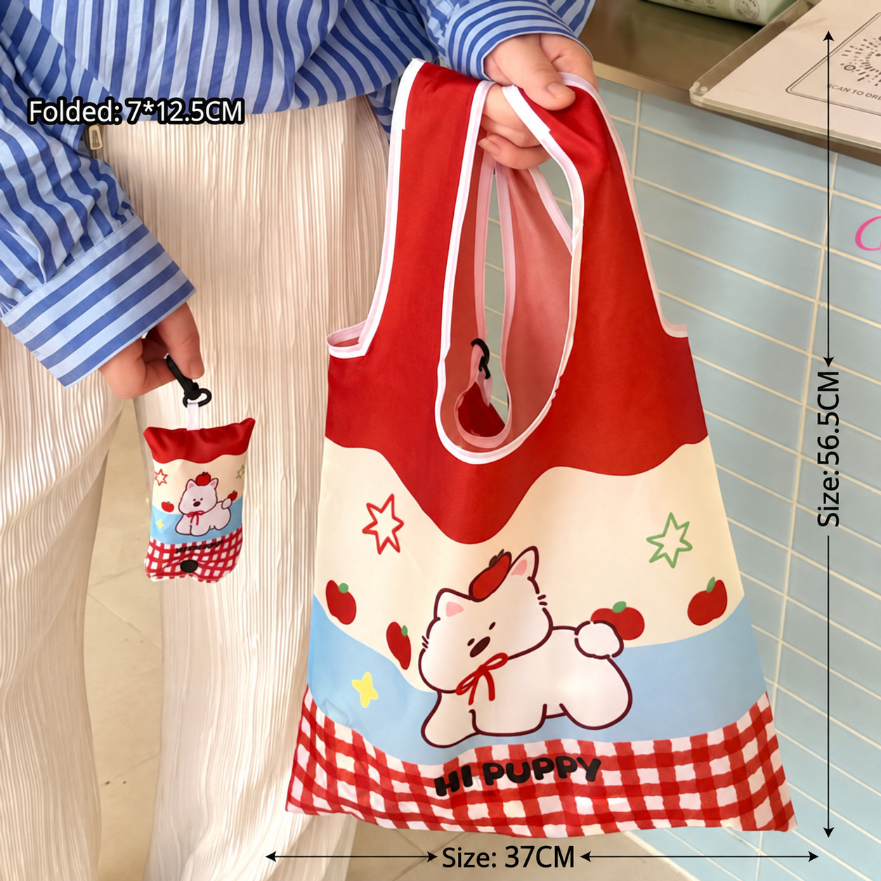 Red apple Westie folding shopping bag
